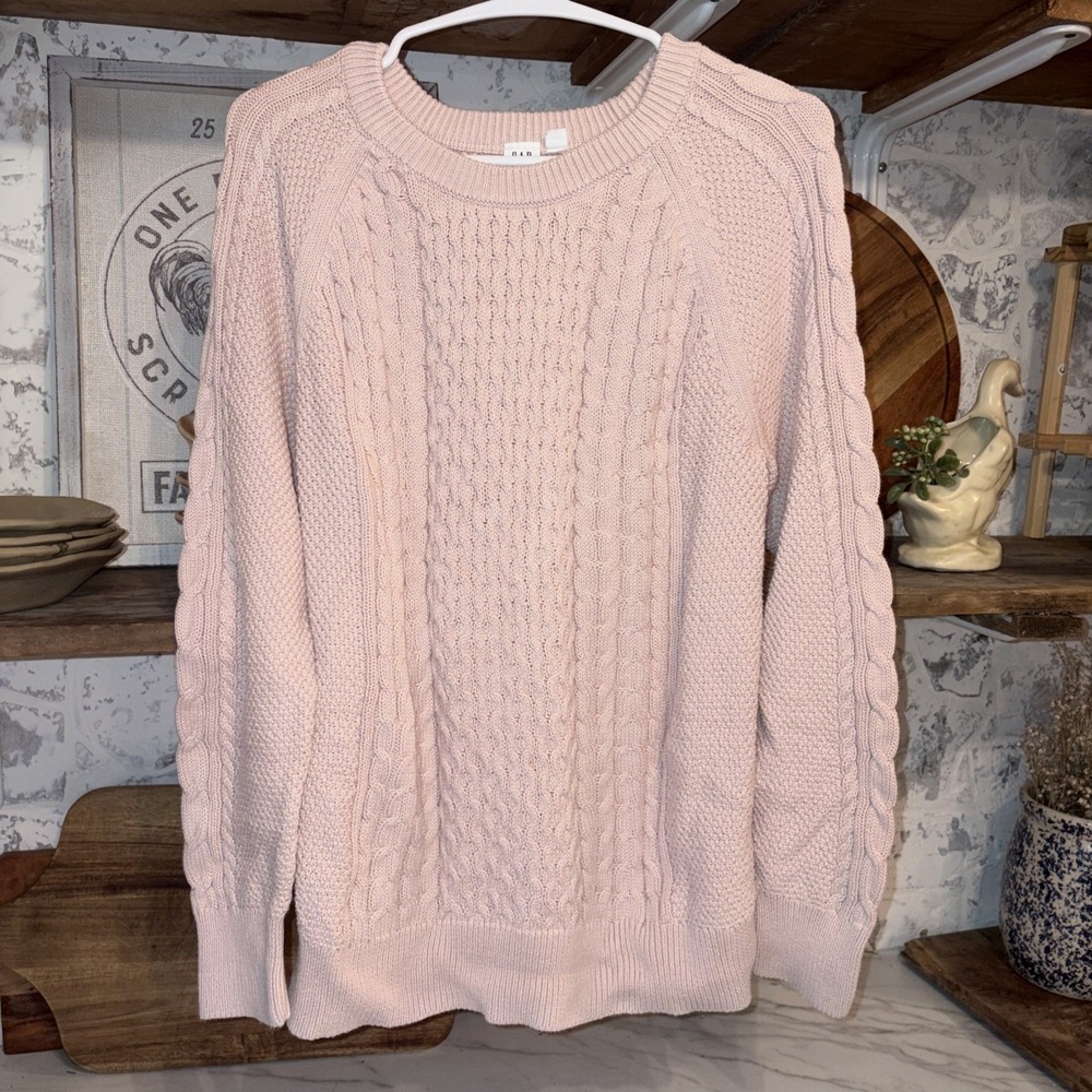 GAP 100% Cotton Dull Rose Pullover Cable Knit Cozy Cabincore Sweater Women's L